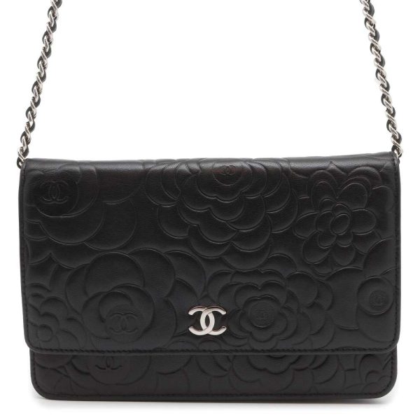 9580022 01 CHANEL Chain Wallet CocoMark Camellia Lambskin Chain Bag Black