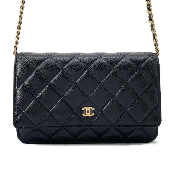 9605374 01 CHANEL Chain Wallet Coco Mark Caviar Skin Wallet Black Chain Wallet