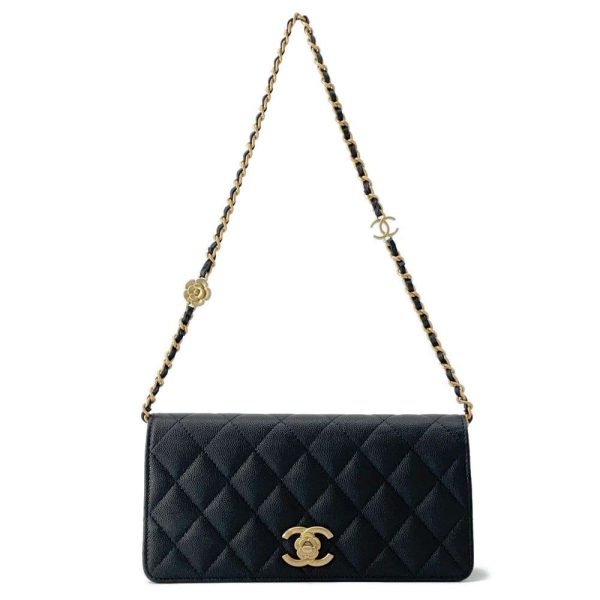 9606524 01 Chanel Chain Shoulder Bag Camellia Coco Caviar Skin Bag Black