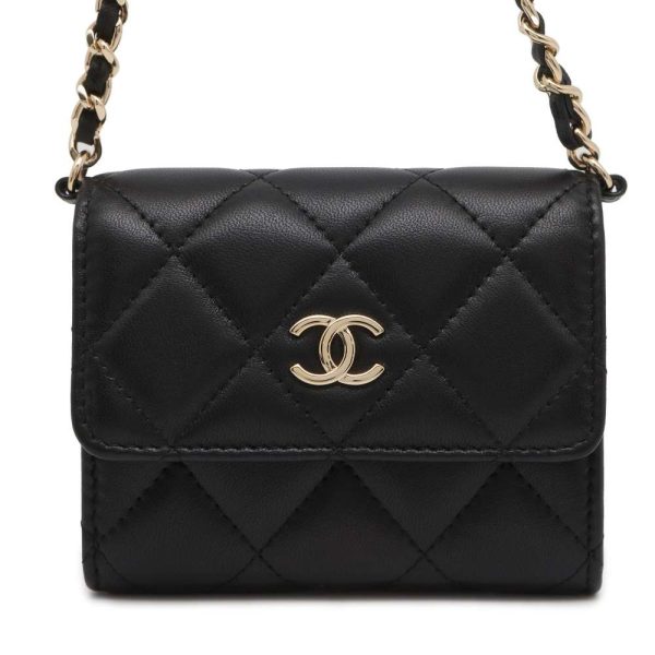 9606630 01 CHANEL Chain Wallet Matelasse Coco Mark Pearl Lambskin Black