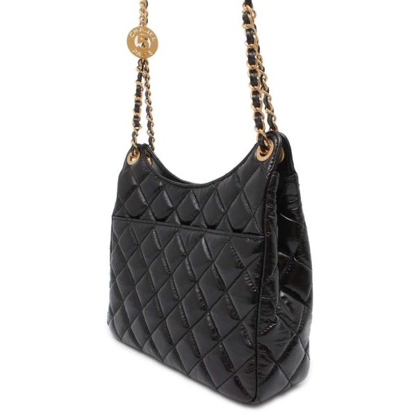 9609853 02 CHANEL Hobo Matelasse Shiny Calf Chain Shoulder Bag Black