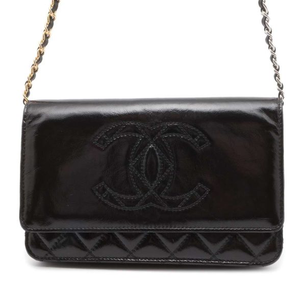 9617384 01 CHANEL Chain Wallet Coco Mark Patent Wallet Black