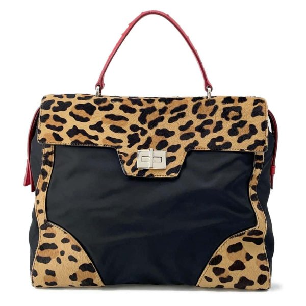 9645639 01 Prada Handbag Leopard Nylon Halaco Ostrich Black