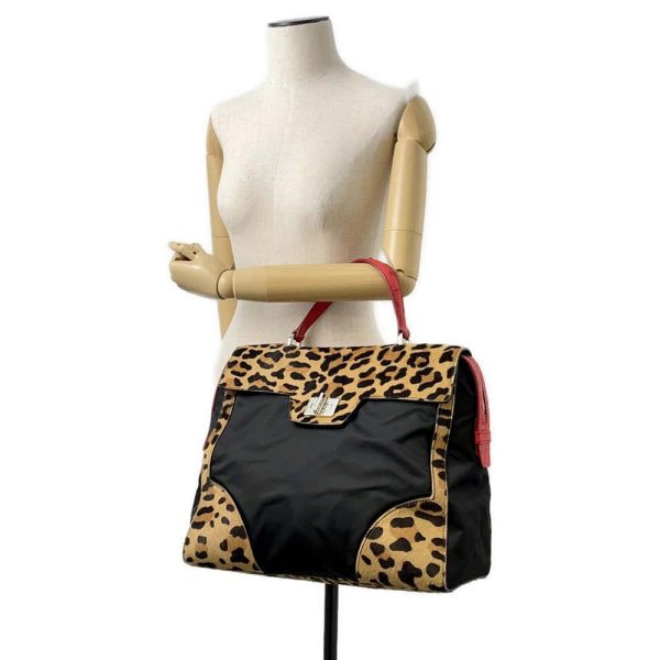 9645639 04 Prada Handbag Leopard Nylon Halaco Ostrich Black