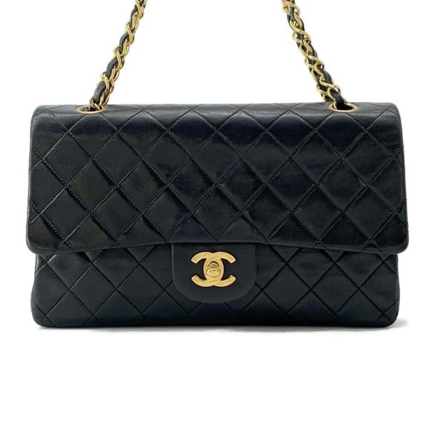 9683983 01 CHANEL 25 Matelasse Lambskin Double Chain Shoulder Bag Black