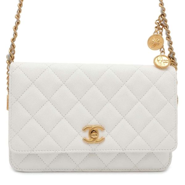 9685437 01 Chanel Chain Wallet Matelasse Caviar Skin White