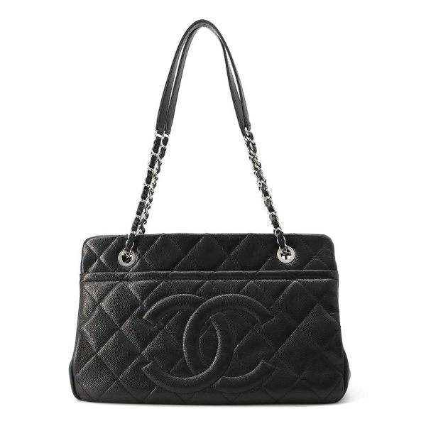 9686625 01 CHANEL Matelasse Double Chain Caviar Skin Tote Bag Black