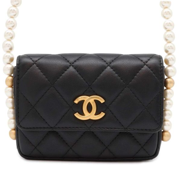 9686632 01 CHANEL Fake Pearl Matelasse Coco Mark Lambskin Shoulder Bag Black