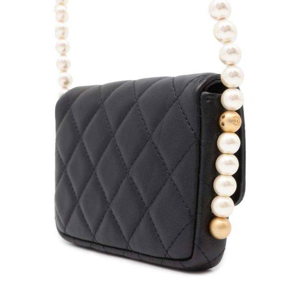 9686632 02 CHANEL Fake Pearl Matelasse Coco Mark Lambskin Shoulder Bag Black