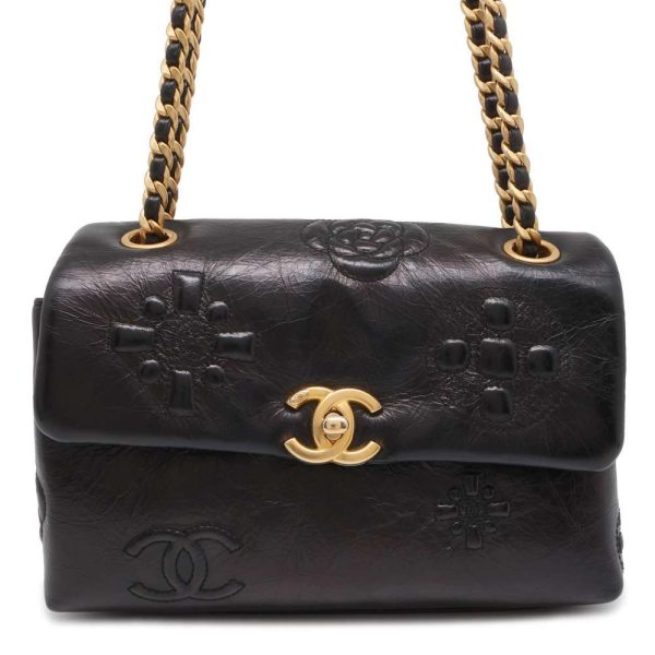 9691056 01 Chanel Chain Shoulder Bag Camellia Lambskin Black