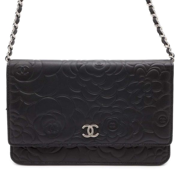 9719781 01 CHANEL Camellia Lambskin Chain Wallet Black