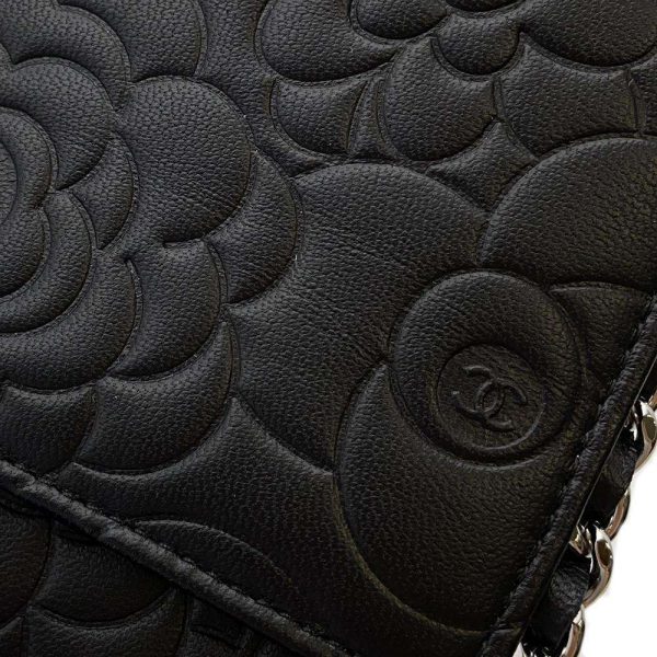 9719781 10 CHANEL Camellia Lambskin Chain Wallet Black