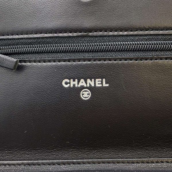 9719781 13 CHANEL Camellia Lambskin Chain Wallet Black