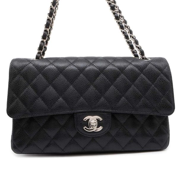 9733947 01 Chanel Double Chain Shoulder Bag Matelasse 25 Caviar Skin Black