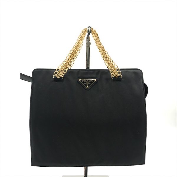 a4214 1 PRADA triangle plate chain hand bag nylon black a4214