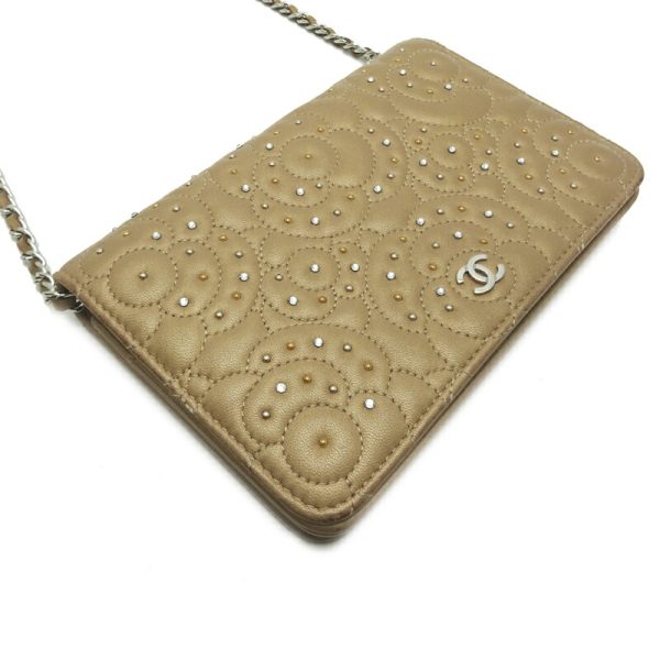 dh77628 3 Chanel Camellia Chain Lambskin Wallet Beige