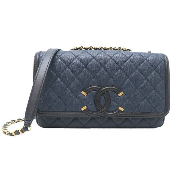 dh79966 1 Chanel CC Filigree Chain Caviar Skin Shoulder Bag Blue