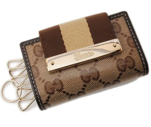 g 965 1 Gucci Key Case Crystal GG Beige Brown