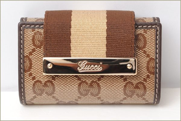 g 965 2 Gucci Key Case Metal Bar Crystal GG Beige Brown