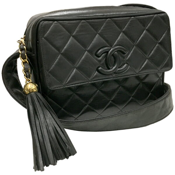 i23 2229 1 Chanel Matelasse Fringe Shoulder Bag Lambskin Black