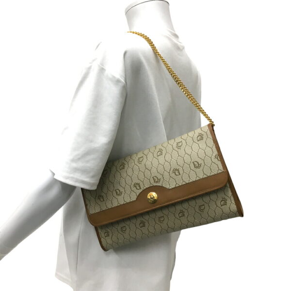 i24 120 20 Christian Dior Honeycomb Pattern Chain Shoulder Bag Brown Beige