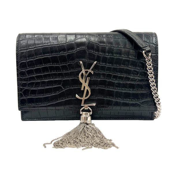 imgrc0091303688 Saint Laurent Kate Tassel Chain Wallet Croco Embossed Black