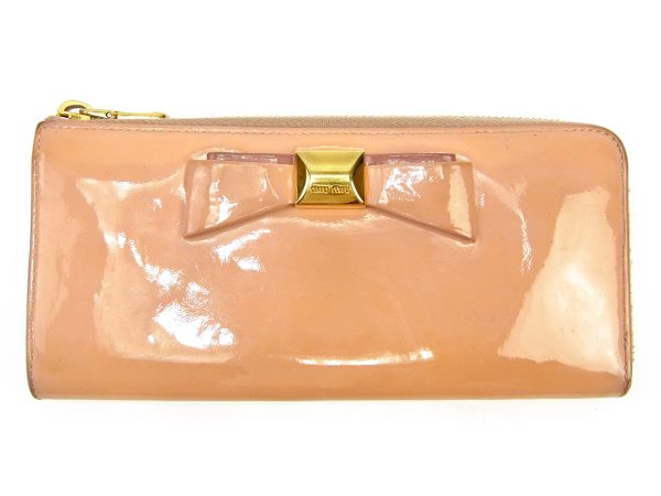 l1832 1 Miu Miu long wallet L shaped ribbon motif pink enamel 1832s