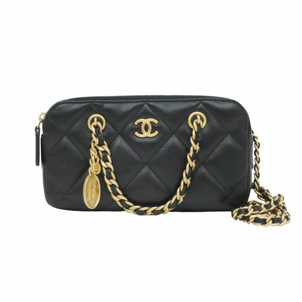 m2312 05 806294mr Chanel Chain Wallet Shoulder Bag Matelasse Caviar Skin Phone Case Black GD AP3495