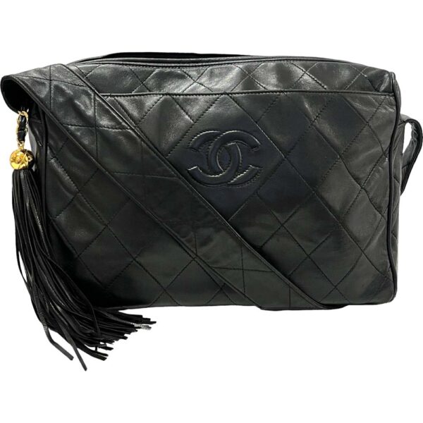 m24 924 11 Chanel Matelasse Fringe Shoulder Bag Lambskin Black