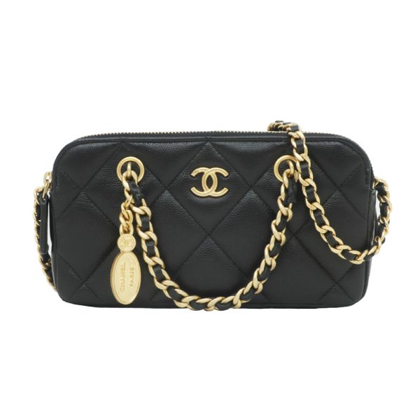 m2401 05 806543mr Chanel Chain Wallet Shoulder Bag Matelasse Grained Calfskin Phone Case Black GD