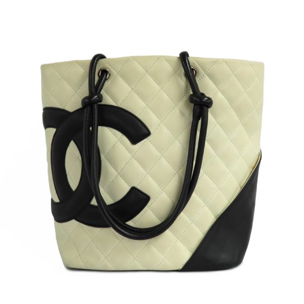 n2406 06 301821mi Chanel Cambon Medium Tote White Black CocoMark Calf Leather