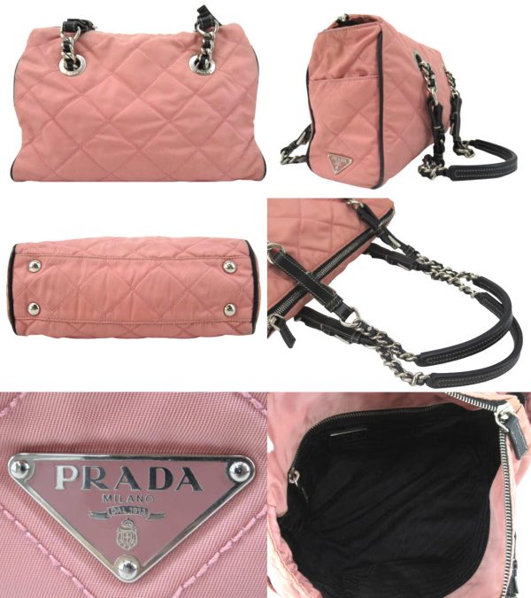 n47698 2 Prada Nylon Quilted Chain Shoulder Bag Pink Black