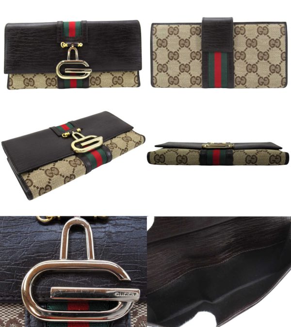 n48132 2 Gucci GG Sherry Line W Hook Long Wallet Beige Brown