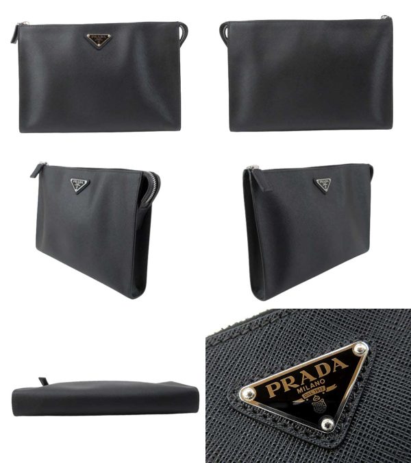 n48883 2 Prada Saffiano Clutch Shoulder Bag Black