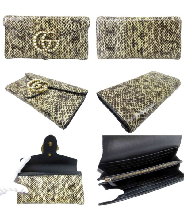 n49758 2 Gucci GG Marmont Python Fake Pearl Flap Long Wallet Beige