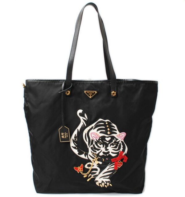 p 16 115 1 Prada Tote Bag Tiger Motif Bag Black