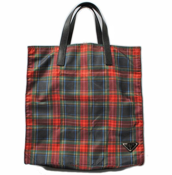 p 16 125 1 Prada Plaid Pattern Tessuto Shopping Bag Red Green Blue