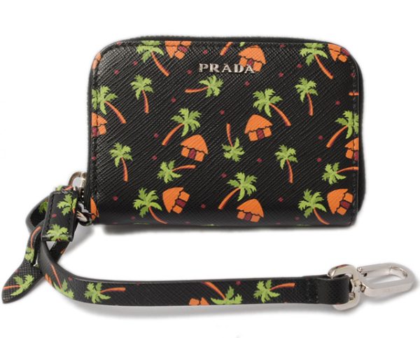 p 17 059 1 Prada Coin Case Mini Pouch Saffiano Strap Key Ring Nero