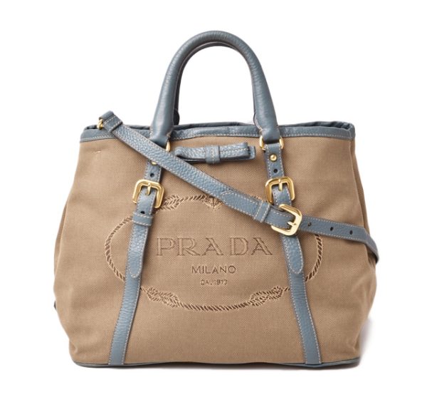 p 19 030 1 Prada 2Way Handbag Jacquard Ribbon Nylon Beige Blue