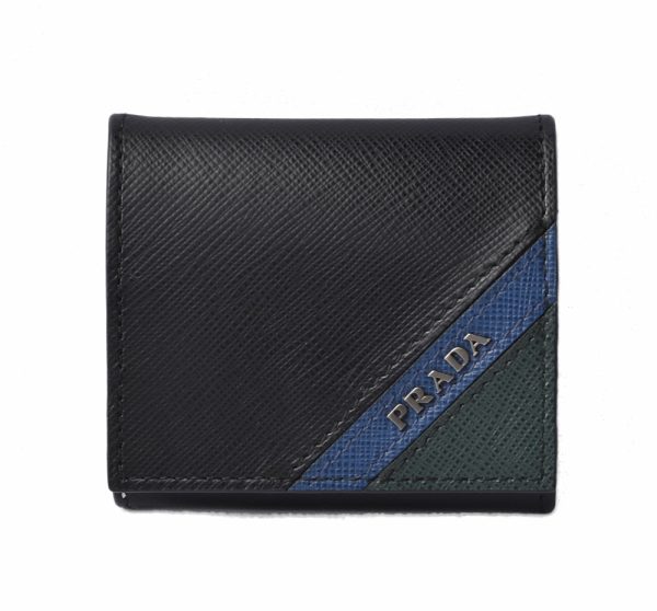 p 19 095 1 PRADA Coin Case Saffiano Stripe Black Blue