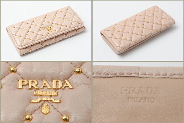 p 503 2 Prada Long Wallet Quilted Studs Bag Beige Pink