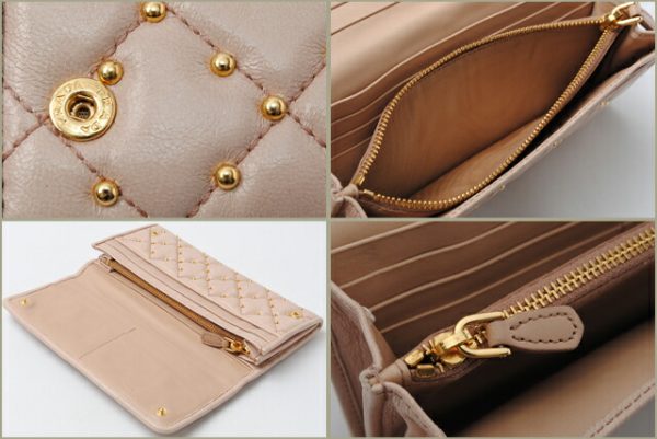 p 503 3 Prada Long Wallet Quilted Studs Bag Beige Pink