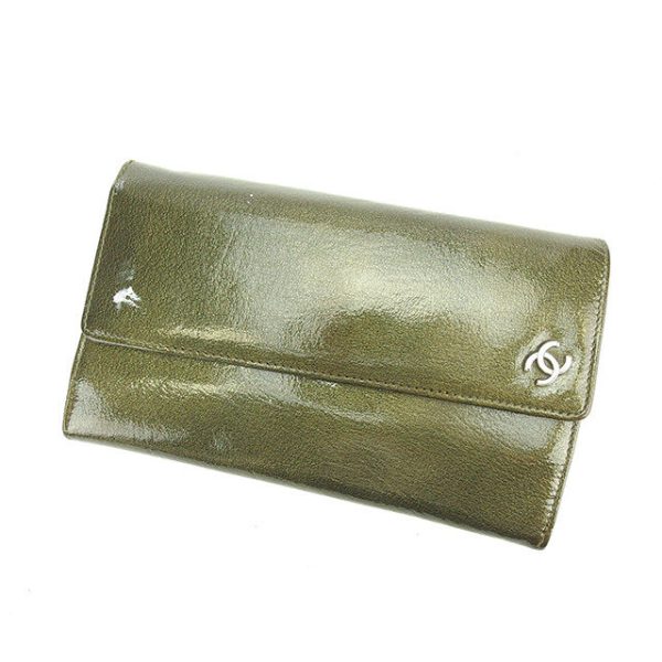 p214 Chanel Long Wallet Coco Mark Green Enamel P1014