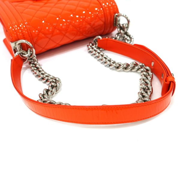 s2404 06 502383tn 06 Chanel Boy Chanel 20 Small Chain Shoulder Bag Matelasse Patent Enamel Orange A67085