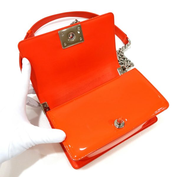 s2404 06 502383tn 07 Chanel Boy Chanel 20 Small Chain Shoulder Bag Matelasse Patent Enamel Orange A67085