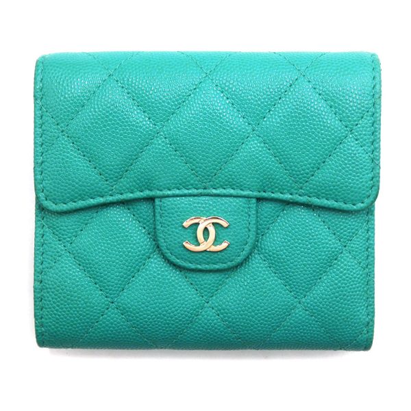 t yjc06298 CHANEL Caviar Skin Matelasse Small Flap Wallet Green