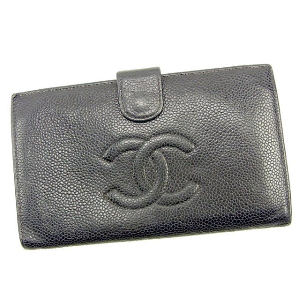 t023 Chanel Long Wallet Caviar Skin Coco Mark Black