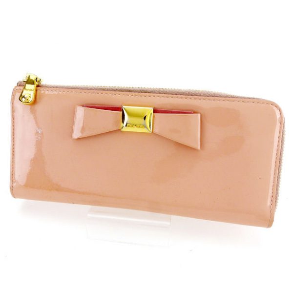 t2551 Miu Miu Long Wallet L shaped Ribbon Motif Pink Patent