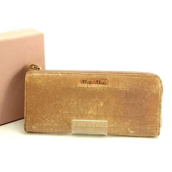 y5156 Miu Miu long wallet L shaped crocodile pink beige leather