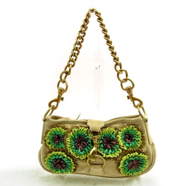 y5950 Miu Miu Chain Shoulder Bag Beige Green Flower Motif